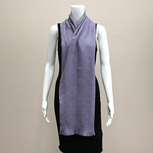 Gucci Wool Scarf Lavender Purple Monogram Allover Logo Print Fringe Hem